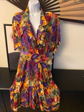 Vintage Cimmaron Dress 80’s Floral Romper With Matching Crescent Buckle Belt